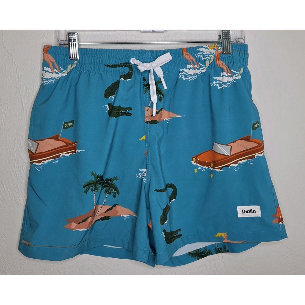 Duvin Blue Teal Water Skiing Gators Lined Bathing Suit Trunks Men's Medium *Read